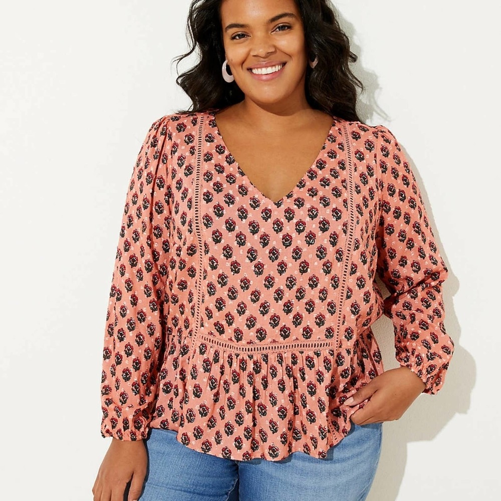 Ann Taylor LOFT Coral Pink Floral Print Boho Top